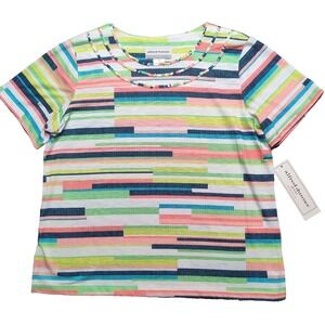 Alfred Dunner Petite Small PS Island Hopping Multi Stripe Embellished Blouse NEW